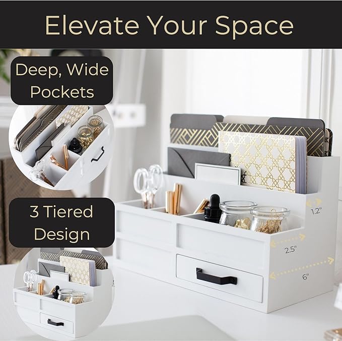 BLU MONACO White Desktop Organizer with Drawer – Paper Wood Bill & Mail Organizer for Office Desk, Countertop & Workspace Storage-NeatNest
