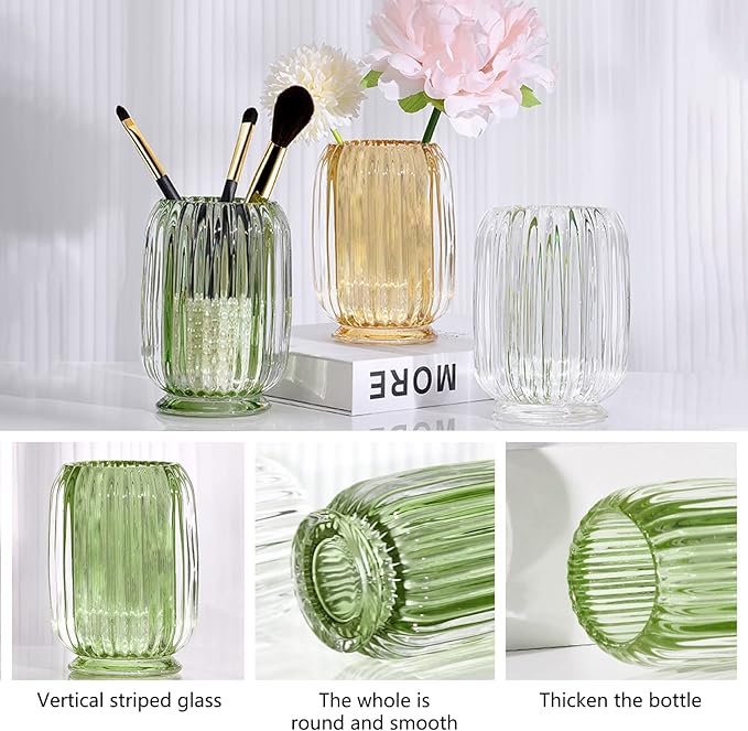 DASITON Makeup Brush holder Organizer,Crystal Cosmetic Makeup Brush Glass Brushes Storage Holder, Vintage Make Up Brush Cup striped vase(Green)-NeatNest
