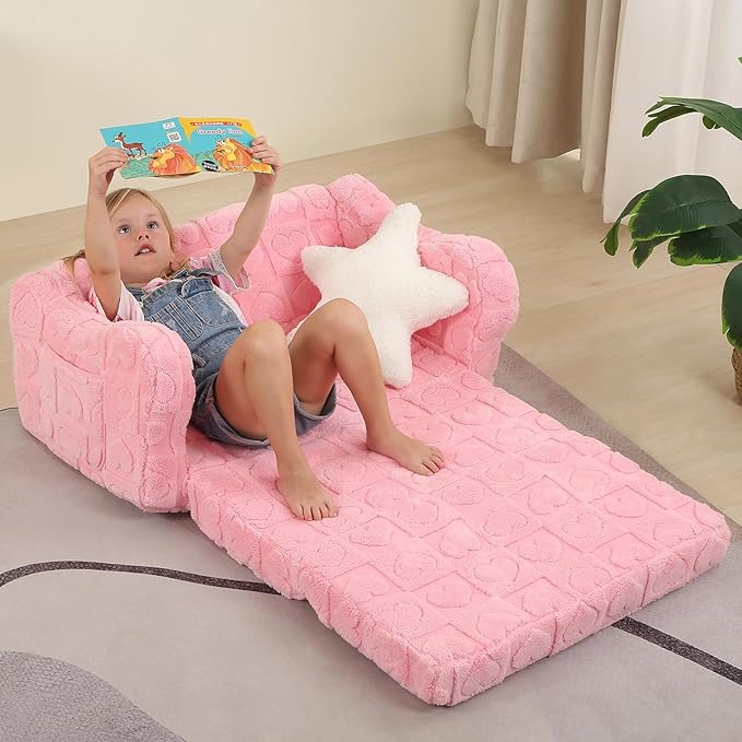 Extra Wider Seating Toddler Couch, 2-in-1 Toddler Soft Couch Fold Out with Star Pillow, Convertible Sofa to Lounger for Girls and Boys, Pink Heart-NeatNest