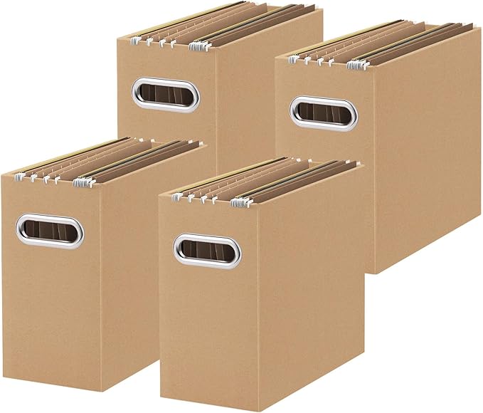 Oterri File Organizer, 4 Packs Small Storage Box, Cardboard File Folder Organizer, Collapsible File Box for Hanging File Folders Letter Size, Portable Filing Organizer with Handle (Brown)