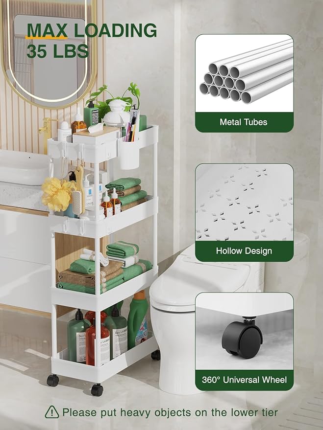 LEHOM Slim Rolling Storage Cart - 4 Tiers Bathroom Organizer Utility Cart Slide Out Storage Shelves Mobile Shelving Unit for Kitchen, Bedroom, Office, Laundry Room, Small Narrow Spaces (Pear White)