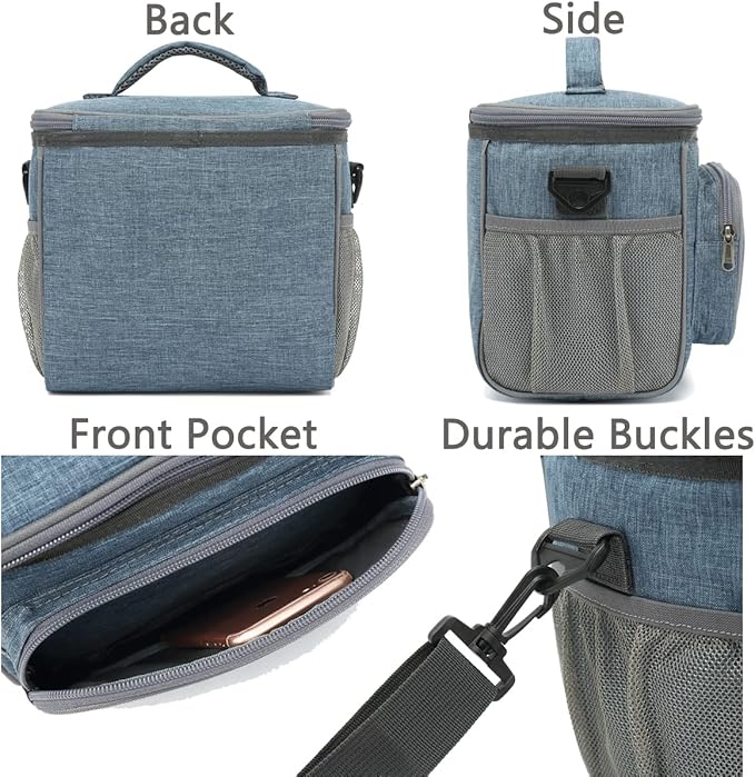 FlowFly Insulated Reusable Lunch Bag Adult Large Lunch Box for Women and Men with Adjustable Shoulder Strap,Front Zipper Pocket and Dual Large Mesh Side Pockets,Navy-NeatNest