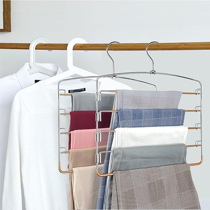 FeeraHozer Pants Hangers Non Slip 3 Pack Space Saving Hangers Multi-Layer Swing Arm Stainless Steel Space Saver Rack for Jeans Scarf Trouser Clothes (Gold)-NeatNest