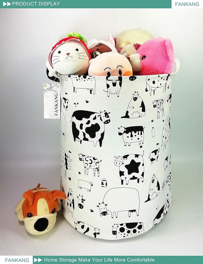 FANKANG Storage Basket, Nursery Hamper Canvas Laundry Basket Foldable with Waterproof PE Coating Large Storage Baskets for Kids Boys and Girls, Office, Bedroom, Clothes,Toys(Cows)