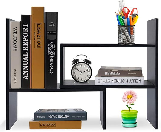 Desk Shelf, Adjustable Desktop Storage Organizer, Wood Display Shelf Rack, Office Supplies Desk Organizer, Black-NeatNest