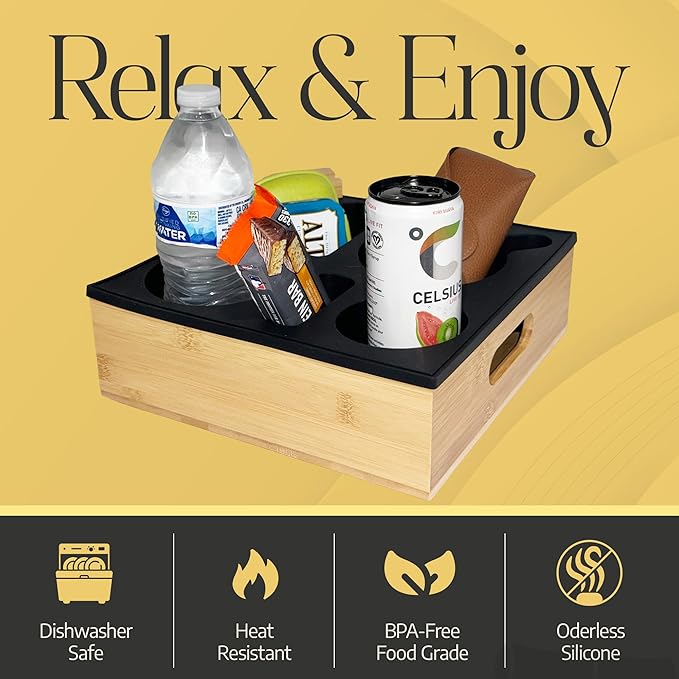 Bamboo Couch Cup Holder ā 100% Wood Frame & Removable BPA-Free Silicone ā Waterproof Anti-Spill Couch Tray & Couch Caddy for Bed, Sofa & Car Seat ā Holds Snacks, Beverages & Remote-NeatNest