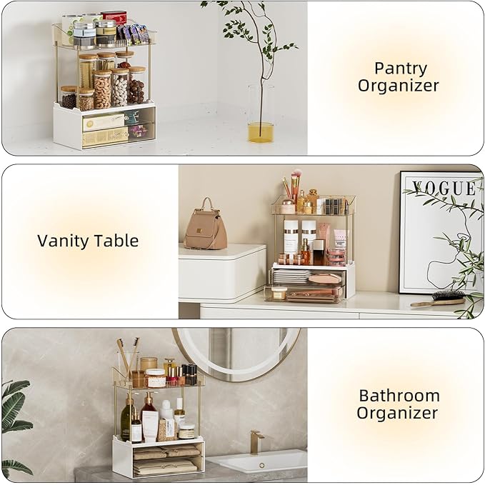 4-Tier 2-Drawer Bathroom Organizer Counter Organization, Multi-Purpose Makeup Skincare Organizers with Compartment, Easy to Install, Exquisit Vanity Shelves, Amber