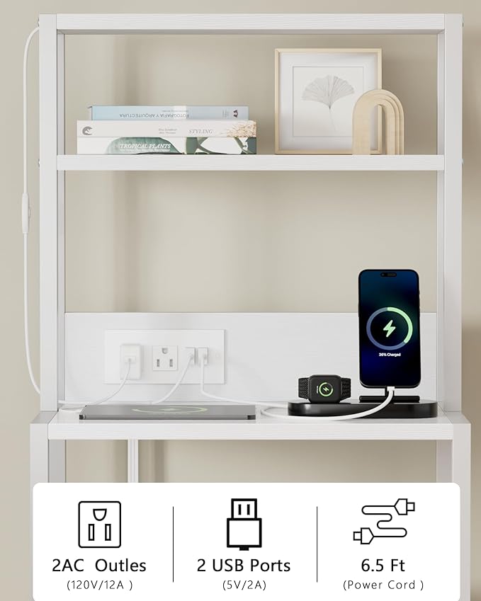 Furnulem Night Stand, Tall Bed Nightstand with 4-Tier Shelves, 2 PU Fabric Drawers and Light Tube, Bed Side Tables with Charging Station, Bedside Table for Bedroom, White