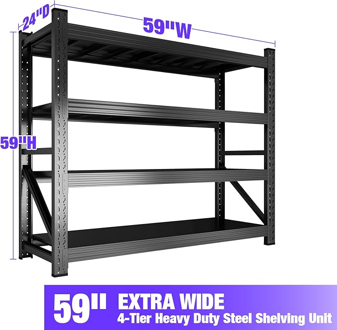 6000LBS Garage Shelving Heavy Duty, 4-Tier 59" W Storage Garage Shelves, Industrial Adjustable Metal Shelving Units for Garages, Warehouses, Kitchen, Black, 59" W x 24" D x 59" H