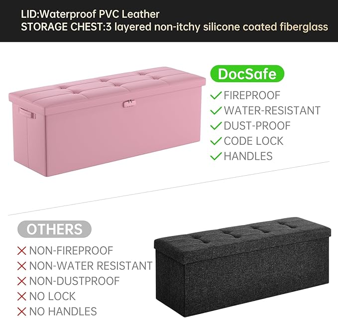 DocSafe Storage Ottoman Bench, Fireproof&Waterproof Folding Bench with Lock(15”x 43”x15”), Leather Storage Chest with Handles&2 Extra Boxes, Ottoman Safe for Bedroom,Living Room,Home Office, Pink-NeatNest