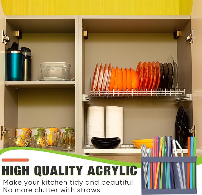 Acrylic Straw Holder for Cabinet Door with Double Sided Adhesive Tape Reusable Straw Organizer Tumbler Storage Kitchen Accessories Container for Counter Cupboard(Classic,Large,Grey)