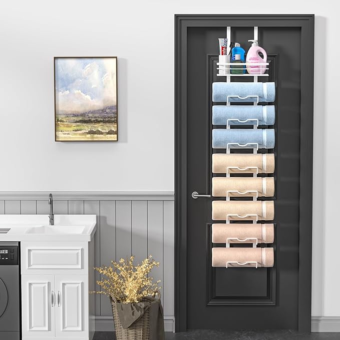 9-Tier Over The Door Towel Rack,Towel Racks for Bathroom, Metal Towel Holder with Storage Basket,Towel Rack for Rolled Towels,Bathroom Shelves,White