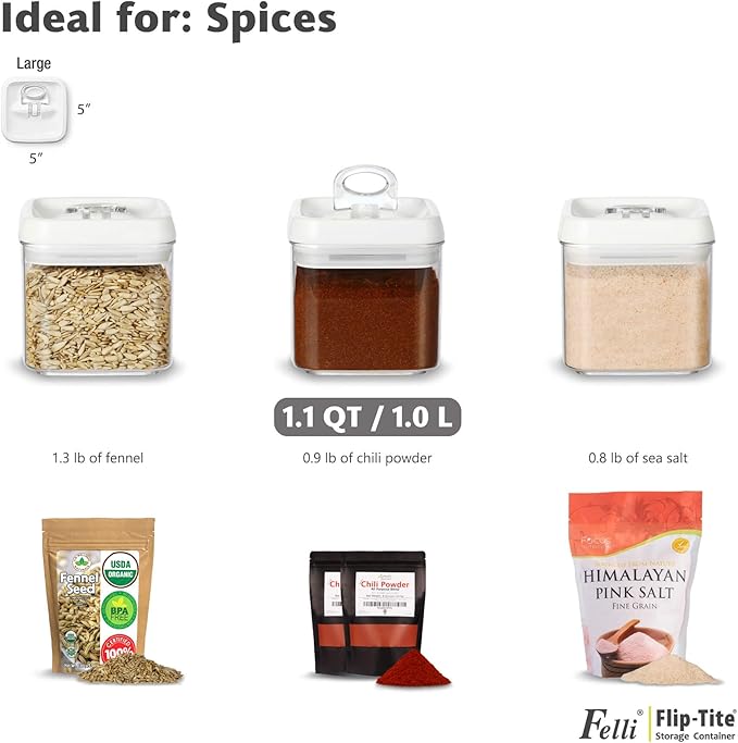 Felli Flip Tite Food Storage Container 5" LARGE Size Airtight Lid Lock Top, Stackable Kitchen Canister for Space Saving, Pantry Fridge Cupboard Organizer, Spice Seasoning Pet Treats Snack (1.1 qt)-NeatNest