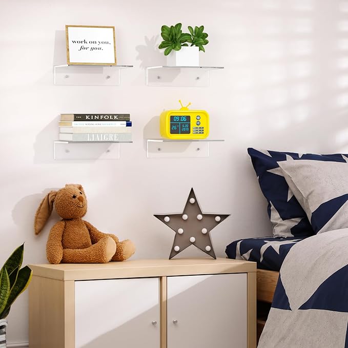 FEMELI 2 PCS 9" Acrylic Floating Shelves, Clear Shelf for Display, Plant, Perfume, Book in Bedroom Living Room Office, 5mm Thick Wall-Mounted Acrylic Shelves for Wall