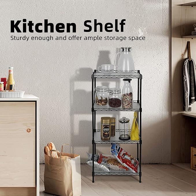 Best 4-Tier Wire Shelving - Black - Heavy Duty Shelf - Kitchen Storage Shelves, Wire Shelving Unit with Baskets Storage Rack Corner Shelf Shelving Adjustable Storage Shelf, 11.8" D x 15.7" W x 47" H-NeatNest