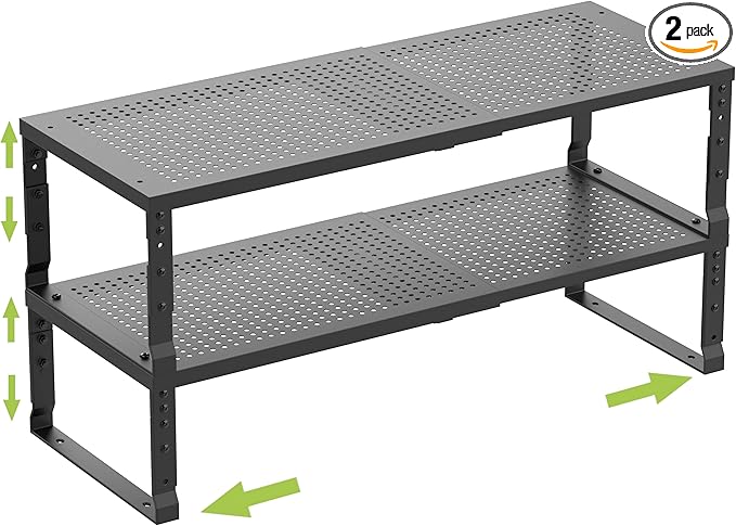 Expandable Cabinet Shelf Organizer Storage Spice Rack Shelves for Kitchen Stackable Adjustable Pantry Cupboard Bathroom Countertop Desktop(2Packs/Black/Medium-with Hole)-NeatNest