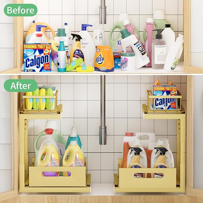 Under Sink Organizer Storage: Adjustable Height, 2 Tier L-Shaped Pull-Out Metal Shelf with Non-Slip Pads & Rust-Resistant Design Maximize Kitchen & Bathroom Cabinet Space-NeatNest