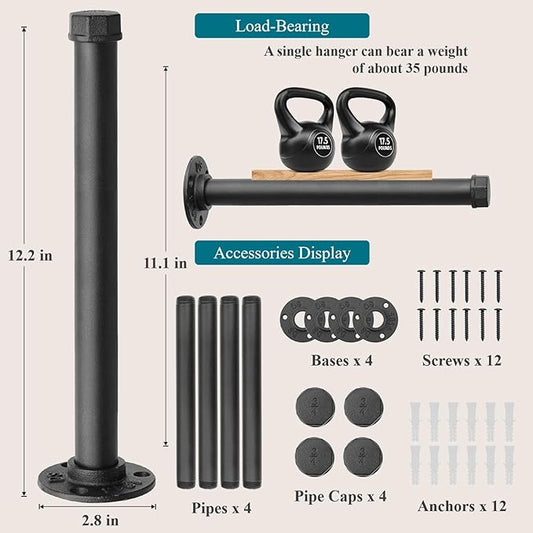 Cast Iron Wall Mounted Clothes Rack, Heavy Duty Industrial Pipe Clothing Rack for Hanging Clothes, Garment Racks for Wardrobe Organizers and Storage, DIY Closet Rods Closet Bar (Black 4 Pack, 12 in)-NeatNest