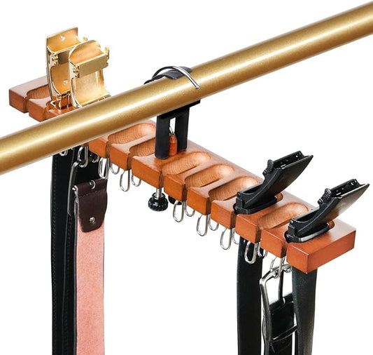 Belt Hanger for Closet, Innovative Design to Prevent Tipping/Alder Wood/ 12 Slots + 10 Hooks, Belt Rack, Versatile Belt Organizer (Brown)-NeatNest