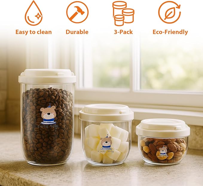 3 PCS Coffee Sugar Container Salts Jars, Transparent Cereal Containers Storage Set, Stackable BPA-Free Plastic Kitchen Pantry Organizer for Dry Food, Flour, Spice, Creamer