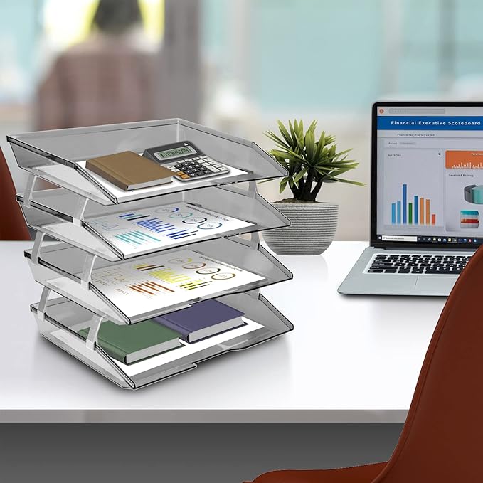 Acrimet Facility 4 Tier Letter Tray, Side Load, Letter Size/A4, Desktop File Organizer, Plastic (Clear Smoke)-NeatNest