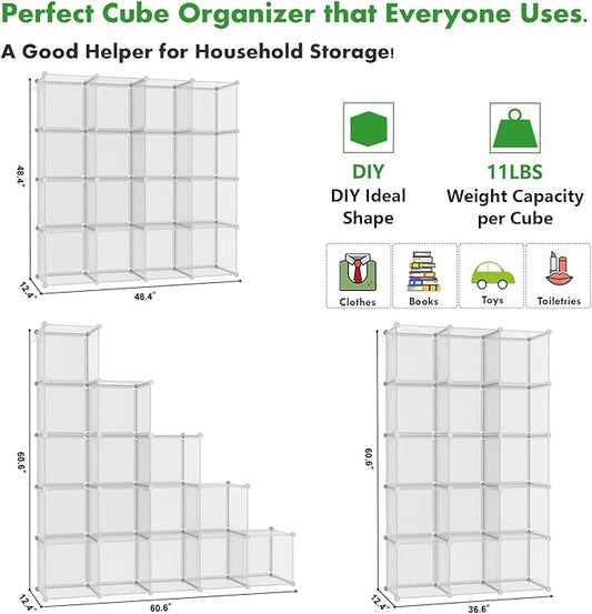 C&AHOME Cube Storage Organizer, 16-Cube Shelves Units, Plastic Storage Cubes, DIY Closet Organizer, Modular Closet Storage Shelf Ideal for Home, 48.4" L × 12.4" W × 48.4" H Transparent Twill UPCS16T-NeatNest