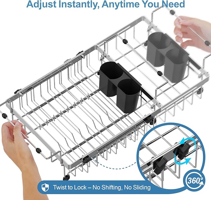 GSlife Stainless Steel Dish Drying Rack - Capacity Expandable in Sink Dish Drainer with Silicone Mat, Over Sink Dish Rack with Utensil Holder for Kitchen Counter, Large Capacity, Silver