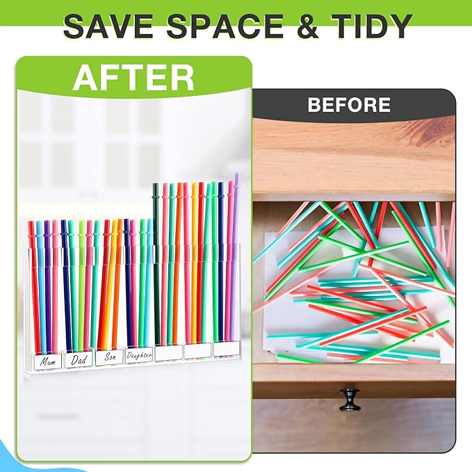 Acrylic Straw Holder for Cabinet Door with Double Sided Adhesive Tape Reusable Straw Organizer Tumbler Storage Kitchen Accessories Container for Counter Cupboard(Classic,Extra Large,Clear)
