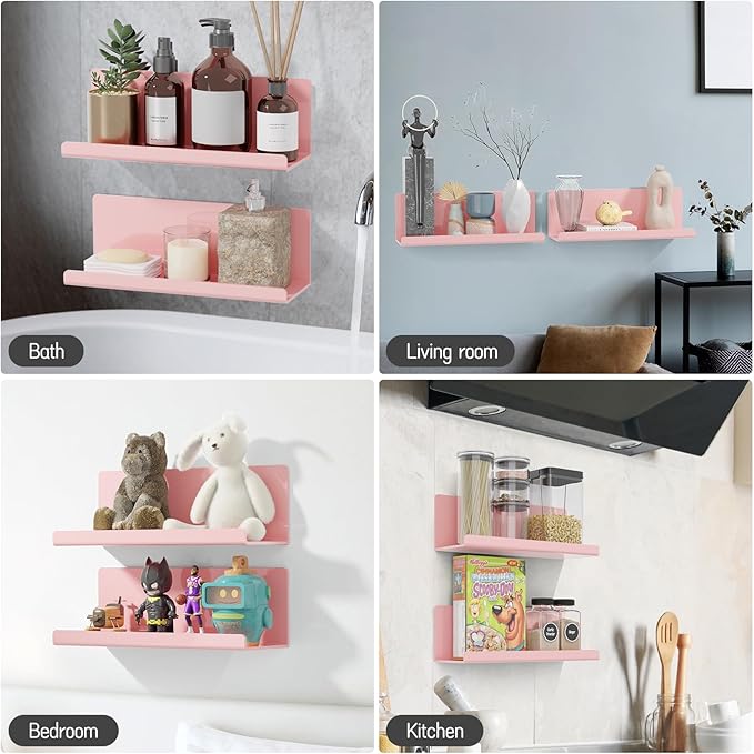 Adhesive Floating Shelves for Wall No Drilling, 12 Inch Acrylic Self Adhesive Shelves, Stick on Shelves, Dorm Wall Shelf, for Bathroom, Kitchen, Bedroom, Office, Gaming Room, Pink
