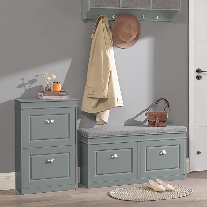Haotian Small Shoe Cabinet, Grey 2 Flip Drawers Freestanding Shoe Rack, Shoe Storage Cupboard Organizer (9.45" D x 20.87" W x 32.28" H), FSR78-HG-NeatNest