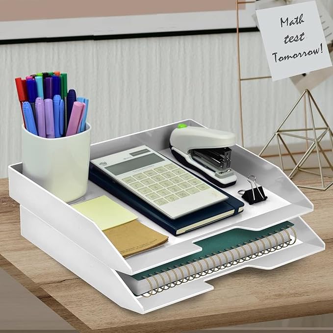 Acrimet Stackable Letter Tray 2 Tier Side Load, Plastic, Desktop File Organizer (White Color)-NeatNest