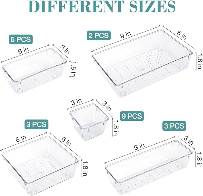 23 PCS Drawer Organizer Set, 5 Varied Size Bathroom and kitchen Drawer cabinet organizer Trays, Clear Storage Bins for Makeup, Jewelry, Utensils and Gadgets-NeatNest