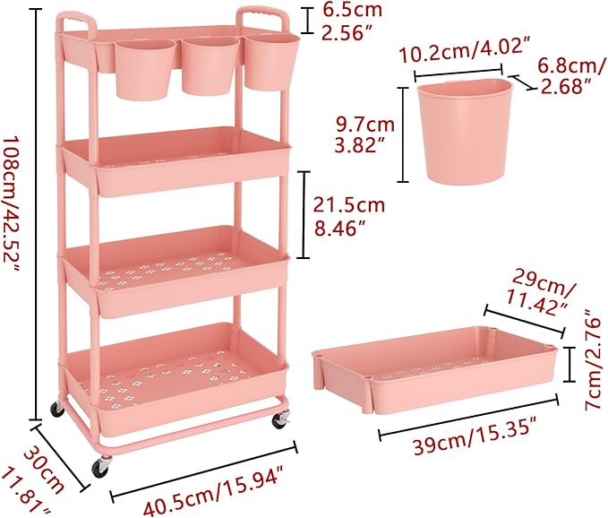 JIUYOTREE 4-Tier Plastic Rolling Storage Cart Utility Cart with Extra Hanging Cups Handles Lockable Wheels for Living Room Bathroom Kitchen Office Pink-NeatNest