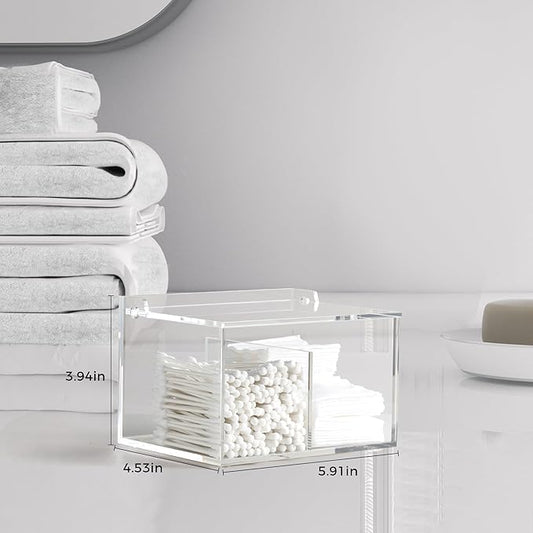 Clear Acrylic Cotton Swab Ball Holder Qtip Organizer with Lid 2-Grid Canister for Make Up Pads, Floss Picks, Vanity Storage,Bath Salts, Cosmetics, Home Bathroom Decor (DP004)-NeatNest