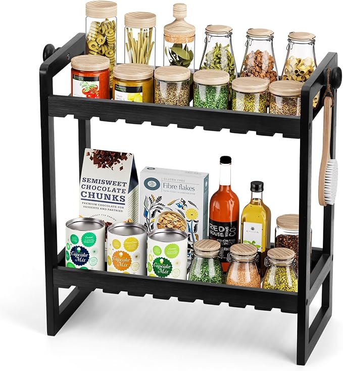 Countertop Organizer, Bamboo Spice Rack Organizer for Pantry, 2 Tier Kitchen Counter Shelf, Coffee Station Organizer,Black-NeatNest