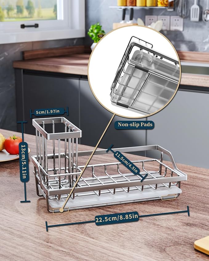 Consumest Sink Caddy, Kitchen Sponge Holder with Dish Brush Holder, Kitchen Sink Organizer with Drip Tray for Countertop Stainless Steel Rustproof, Silver-Large-NeatNest
