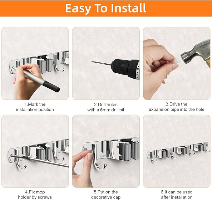 2 Pack Mop and Broom Holder Wall Mount, Non-slip Broom Hanger Wall Mount, Heavy Duty Mop Broom Organizer for Kitchen Garden Garage Laundry Room Wall Decor Organization and Storage Silver 5R4H-NeatNest