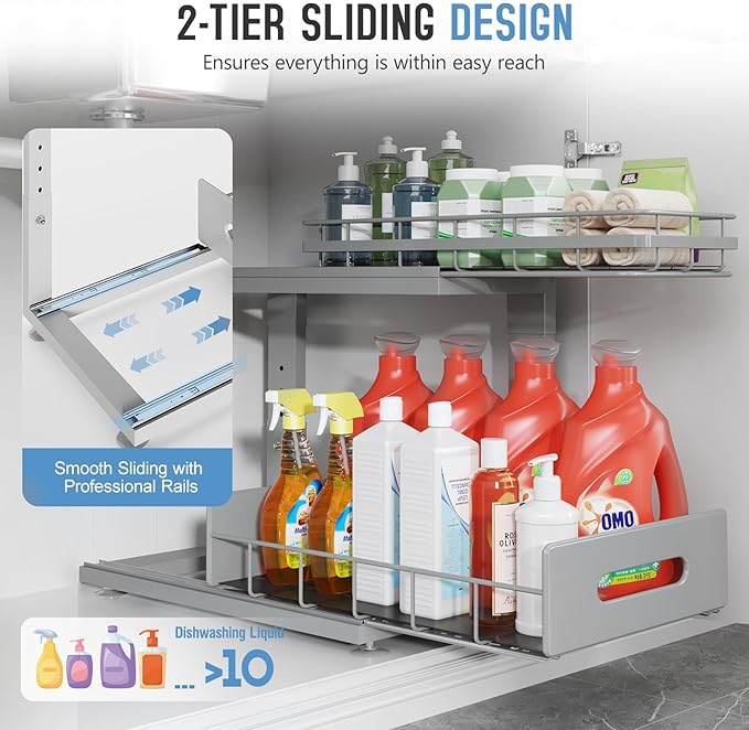 2 Pack Under Sink Organizer Upgrade to Professional Rails,2-Tier Dual Pull Out Cabinet Storage,Height Adjustable Slide Out Drawers for Bathroom Kitchen,Under Sink Shelf-Gun Gray-NeatNest