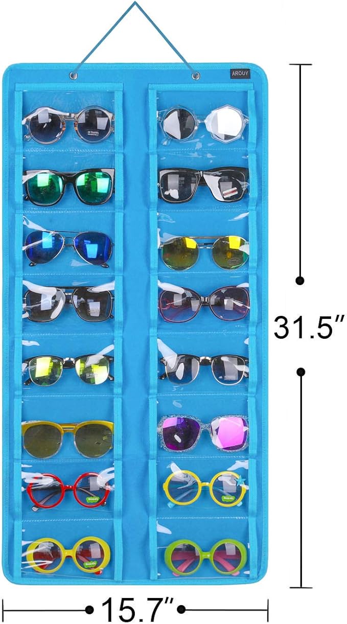 AROUY Sunglasses Organizer Storage - Hanging Dust Proof Wall Pocket With 16 Felt Slots, Metal Hook and Sturdy Rope (Light Blue)-NeatNest