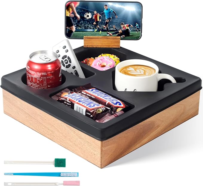 Couch Cup Holder Tray – Spill-Proof Wooden Sofa Organizer with Silicone Insert for Snacks, Drinks, Remote & Phone, Waterproof Caddy for Bed, Car, RV & Living Room (Black)-NeatNest