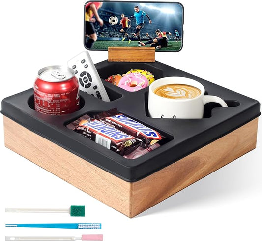 Couch Cup Holder Tray – Spill-Proof Wooden Sofa Organizer with Silicone Insert for Snacks, Drinks, Remote & Phone, Waterproof Caddy for Bed, Car, RV & Living Room (Black)-NeatNest