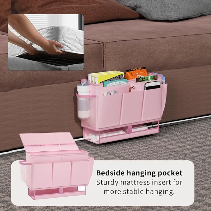 Bedside Caddy Bedside Organizer,Bed Caddy with 11 Pockets and Power Strip Holder,Versatile Bedside Storage Caddy for Home,Dorm,Bunk,Hospital,Crib Bed (Pink)-NeatNest