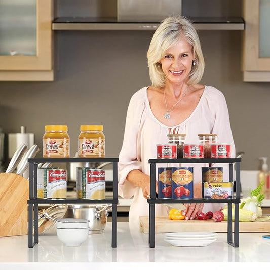 CADUKE Set of 4 Kitchen Counter Shelves Stackable Shelf Organizer Wood Countertop Shelf Expandable Cabinet Shelf Organizers Countertop Storage Rack for Pantry, Industrial Black-NeatNest