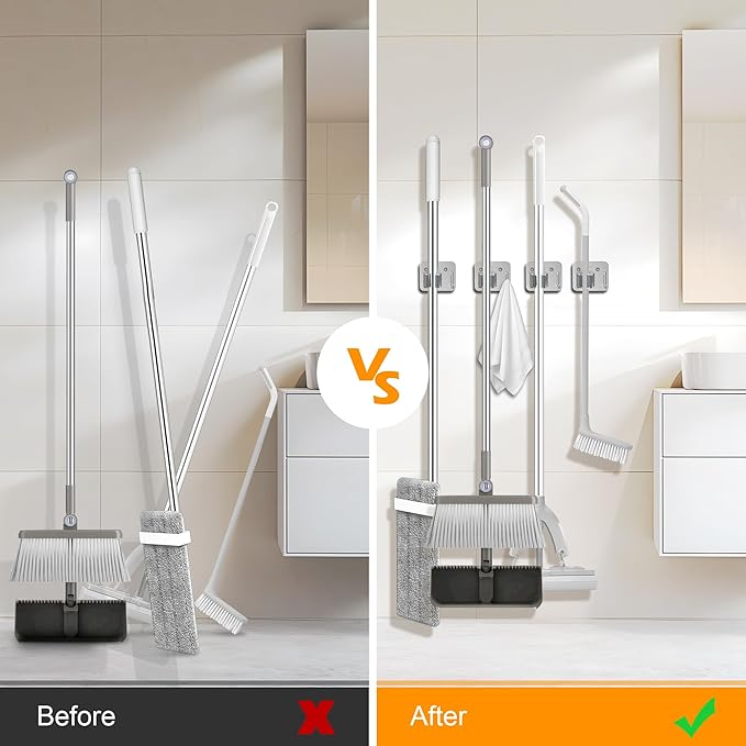 4 Pack Stainless Steel Mop and Broom Holder Wall Mount with Hook, Screw Drilling Mop and Broom Hanger, Single Heavy Duty Storage Rack for Laundry Garage Closet Garden Tool Organizer, Silver-NeatNest