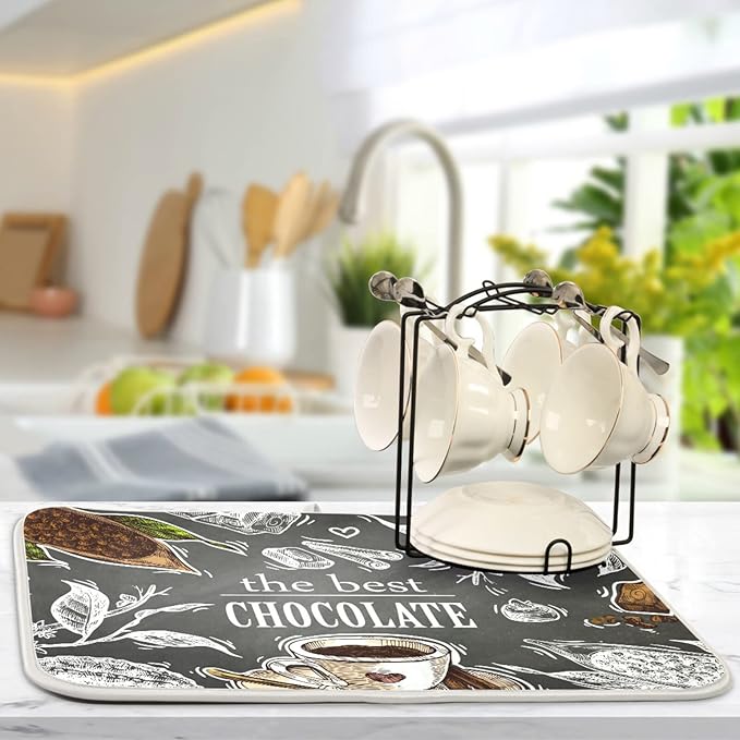 Absorbent Dish Drying Mat for Kitchen Counter - Coffee the Best Chocolate Microfiber Drying Pad, Reversible Drainer Mats for Countertop, Large 18" x 24"