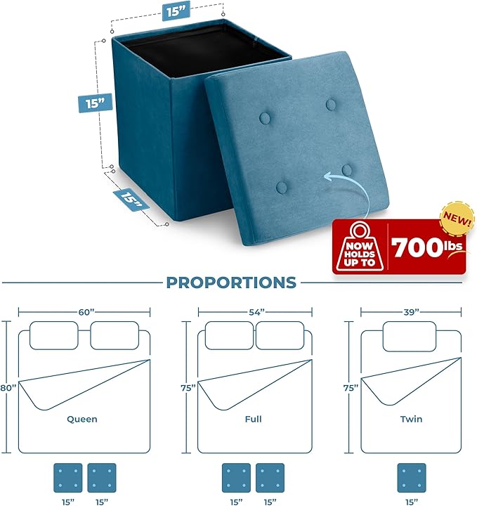 Sorbus Folding Ottoman - Foot Rest Cube, Bedroom Bench, Coffee Table, Shoe Storage, Foot Stool, Pouf - Teal Blue Suede Velvet-NeatNest