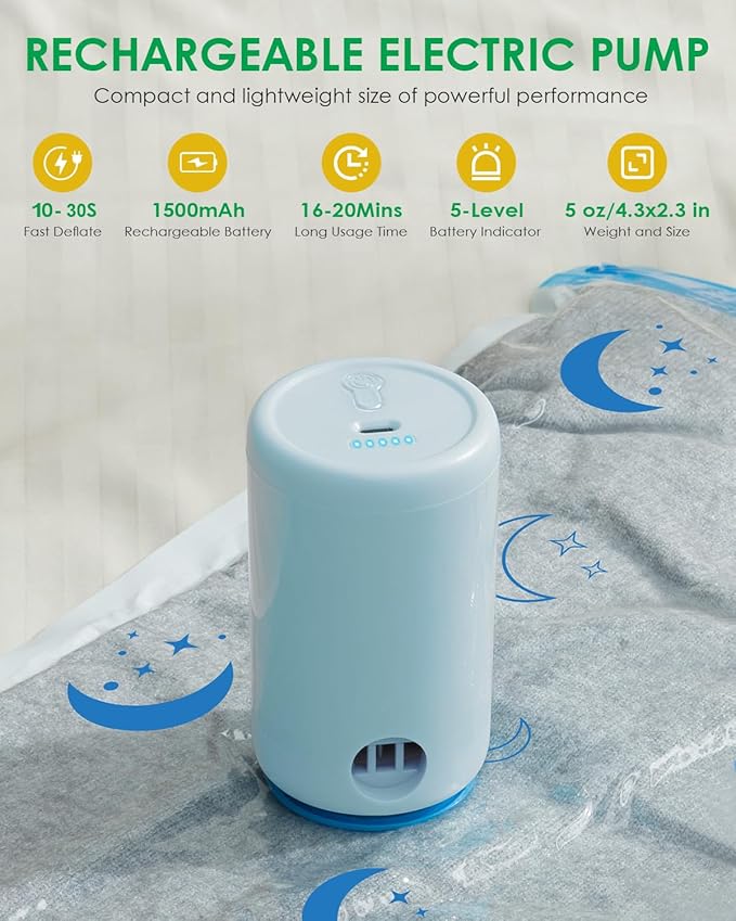 Travel Compression Bags, 25 Pack Vacuum Storage Bags with 1500mAh Rechargeable Battery, Vacuum Seal Bag for Space Saving Clothes, Blanket, Duvets, Pillows, Comforters, Travel Essentials, Luggage-NeatNest