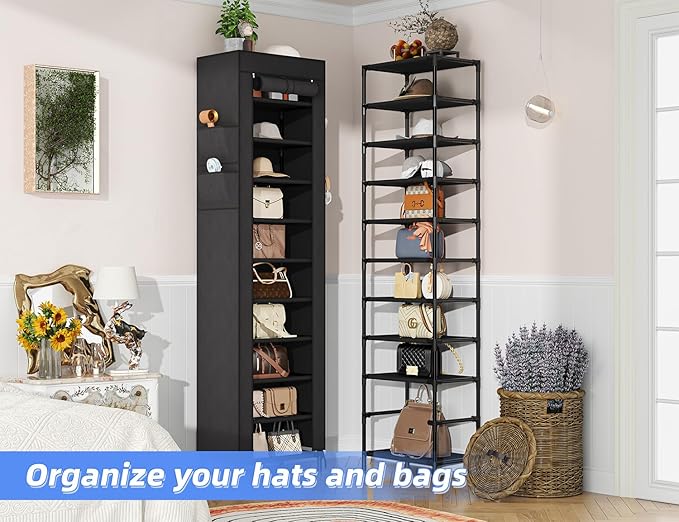 Simple Trending Narrow Shoe Rack with Cover, 10 Tier Shoe Organizer Storage, Tall Free Standing Shoe Cabinet Holds 20 Pairs for Closet, Black-NeatNest