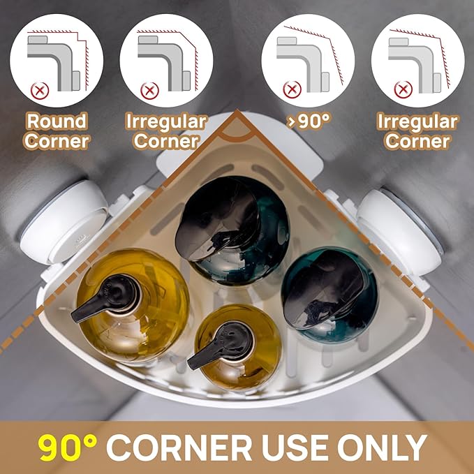 LEVERLOC Corner Shower Caddy Suction Cup, Shower Caddy Basket Powerful Suction Bathroom, Waterproof & Rustproof Organizer for Bathroom Storage, No-Drilling Removable (White)