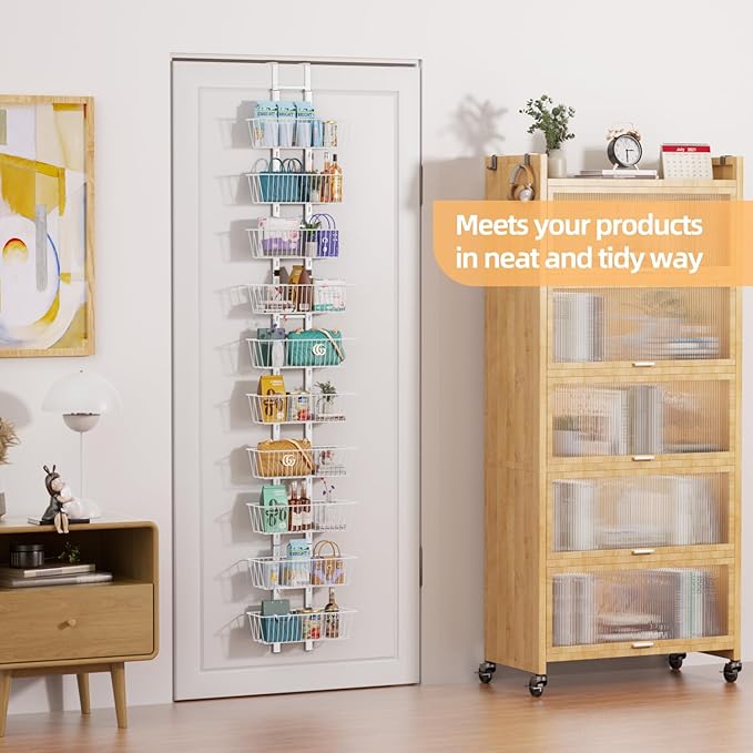 10-Tier Over the Door Pantry Organizer with Baskets Metal Over the Door Hanging Spice Rack, Over Door Organizer and Storage, Spice Rack Door Hanger Organizer for Home & Kitchen Laundry Bathroom, White